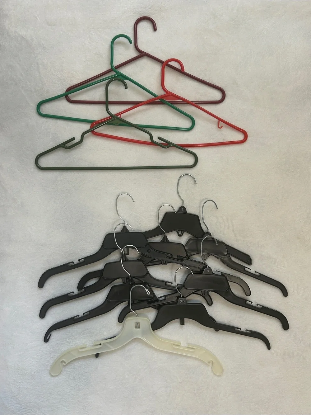 Mixed Set of 13 Plastic Hangers -Black, Green, Red, and White